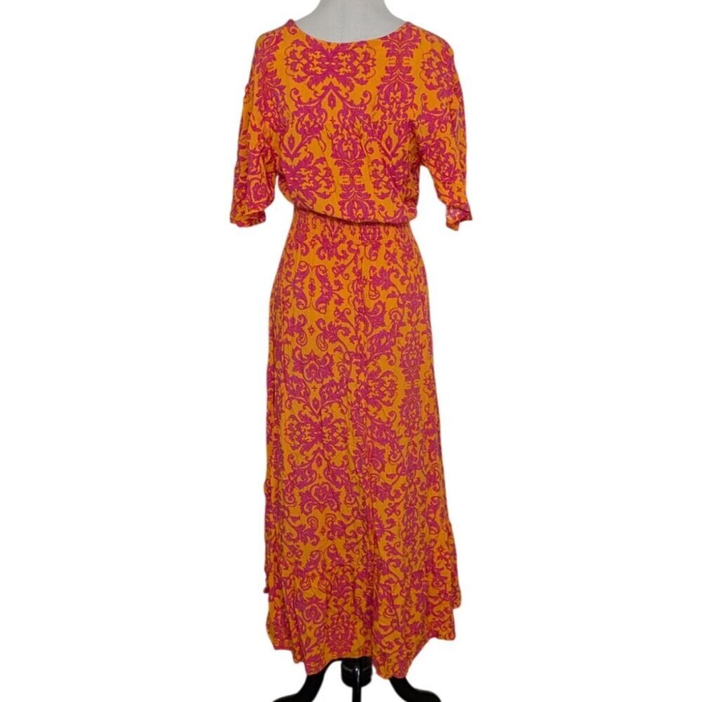 Abel the Label Leonard Floral Dress Womens Size Medium Orange Pink V Neck Rayon - Picture 9 of 11